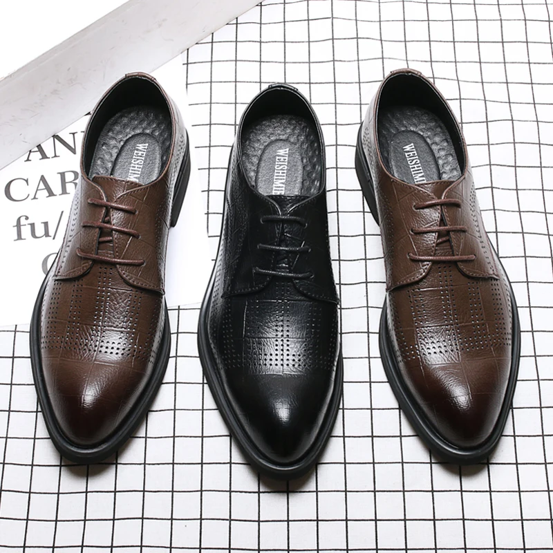 ZSAUAN Drop Shipping 37-45 Spring Summer Men Oxford PU Leather Shoes Hollow Breathable Dress Shoes Pointy Elegant Gentleman Shoe
