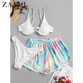 

ZAFUL Tie Dye Underwire Ribbed Three Piece Swimsuit Steel Ring Bikini Suit Elastic High Cut Removable Padded High Leg Bikini2020