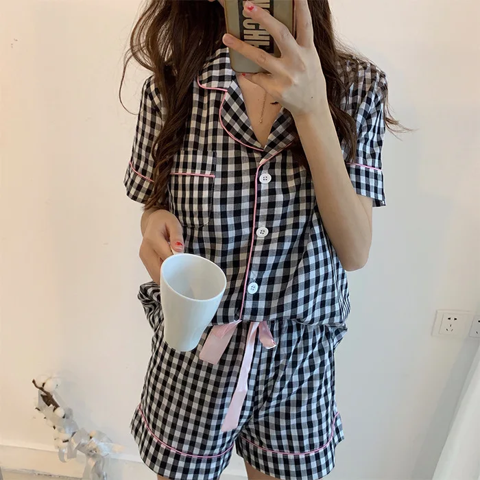 

Figure Photo 2019 Korean-style New Style Versitile Fashion Korean Series Summer Cute Plaid Lace-up Pajamas Set