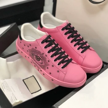 

Neon Sneakers Women Pink Casual Shoes Lace-up Low-cut Genuine Leather Goth Shoes 2020 New Luxury Designer Shoes Sports Fashion
