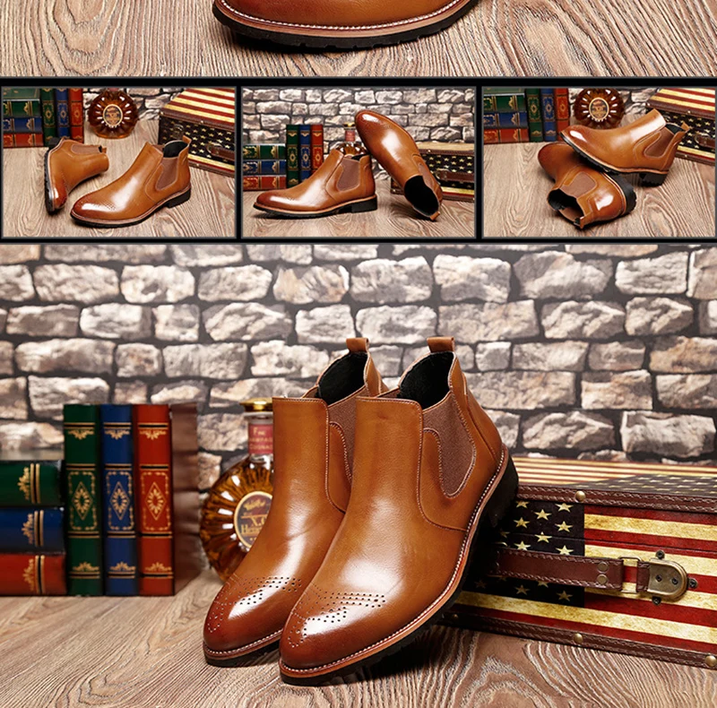 Merkmak/ г. Новые мужские кожаные ботинки модные зимние ботильоны с острым носком, бархатная теплая нескользящая обувь с перфорацией типа «броги» большой размер 44