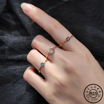 

925 Sterling Silver Geometric Shape with Blue Cubic Zircon Gold Color Plated Adjustable Open Finger Rings Fine Jewelry for Women