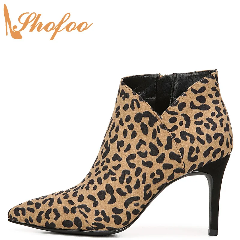 

Tan Leopard Animal Print Ankle Boots High Thin Heels Woman Pointed Toe Booties Zip Large Size 42 43 Ladies Winter Shoes Shofoo