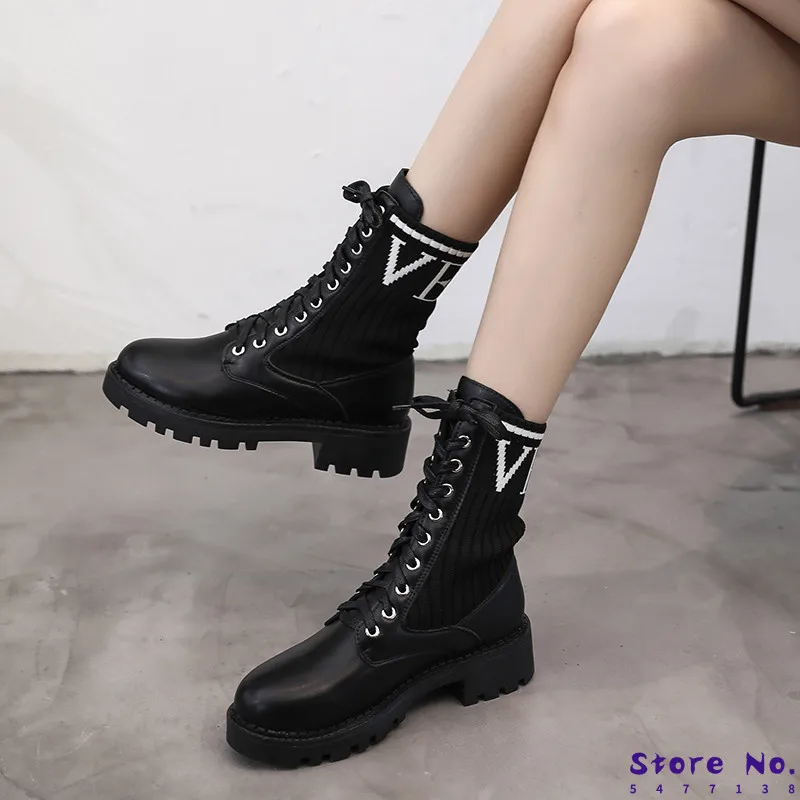 

Brand Women's Shoes Lace Up Round Toe Bootee Woman 2019 Autumn Boots Booties Ladies Low Heels booties Fashion Rock Rubber Flat