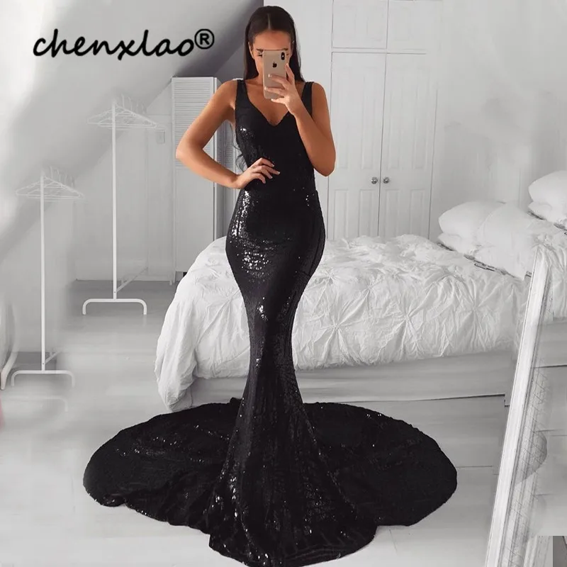 Robe de soiree черная Русалка вечернее платье v-образным вырезом без рукавов вечернее платье с пайетками длинное официальное вечернее платье vestidos