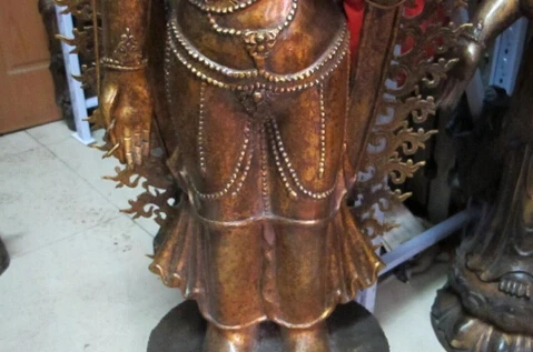 001857 5" Тибетский буддизм Бронзовая позолота Хризантема спинка Quan yin Kwan-yin статуя