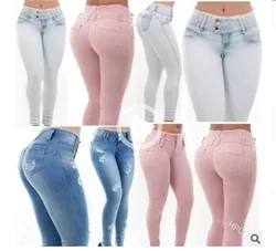 Calças de brim cintura alta ajuste fino outono feminino 2021 novo coreano pequeno pé elástico buraco calças apertadas moda vintage streetwear