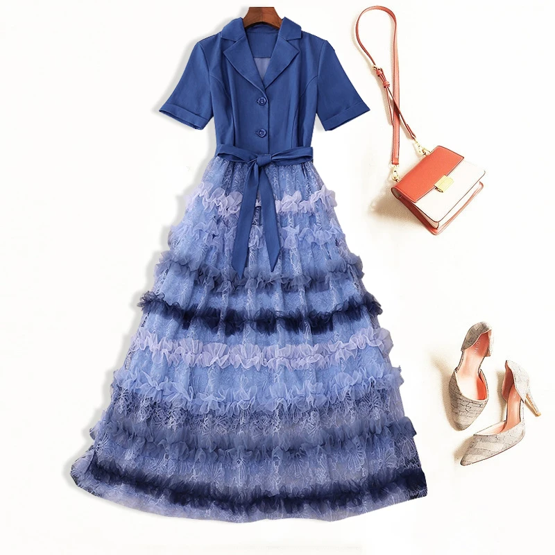 

VERDEJULIAY Runway Designer Dress Women 2020 Spring Summer Fashion Luxury Blue Turn-Down Collar Cascading Ruffles Long Dress