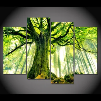 

4 Panel Canvas Art Print Big Tree Green Forest Poster Picture Paintings For Living Room Wall Decor Canvas Painting