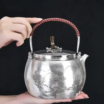 

Iron core covered silver lifter pot household silver pot tea sterling silver 999 kettle tea ceremony handmade landscape teapot