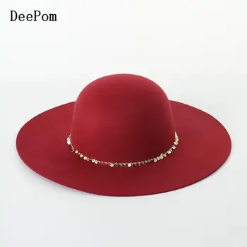 

DeePom Wool Fedora With Sequined Gold Chain Autumn Winter Hats For Women Fedora Lady Wide Brim Hat Female Round Top Black