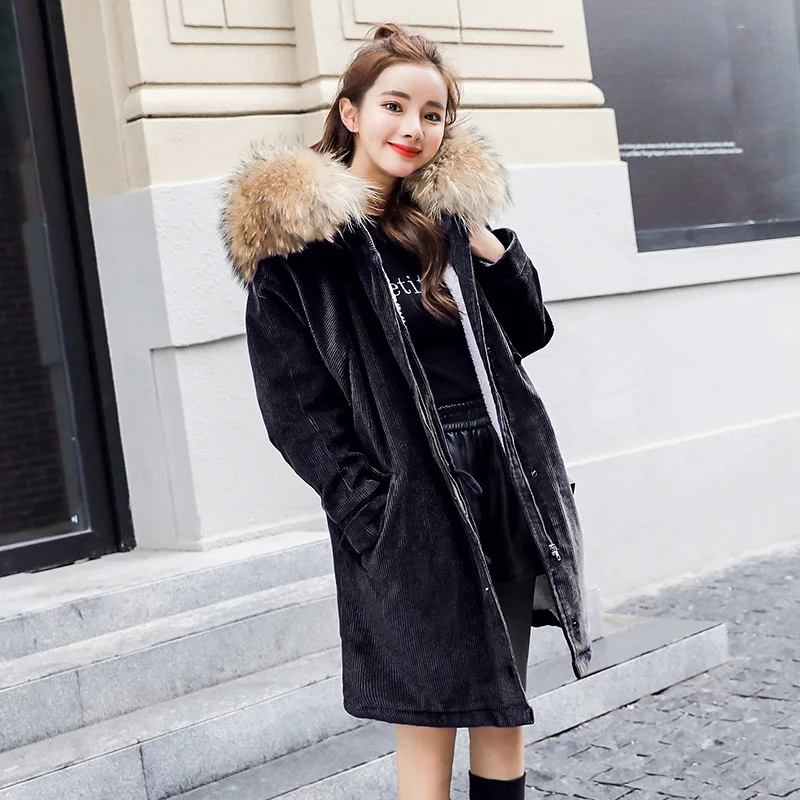 

Photo Shoot Winter Korean-style Corduroy Retro Mid-length Large Fur Collar Hooded Cotton-padded Clothes Women's Thick Cotton Coa
