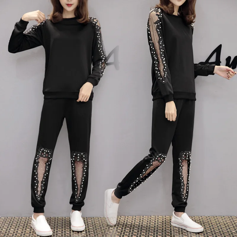 

Big size 4XL Women Tracksuit 2Pcs Pearl Mesh Patchwork Tracksuit Ladies Sweatshirt Coat Pants Set Lounge Wear Casual Suit