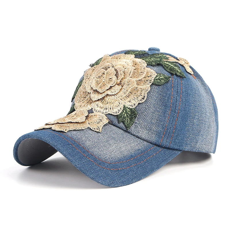 red baseball cap 2022 New Women Rose Flower Embroidery Baseball Cap Washed Cotton Floral Denim Hat Casquette Adjustable Jean Snapback Caps baseball caps for women