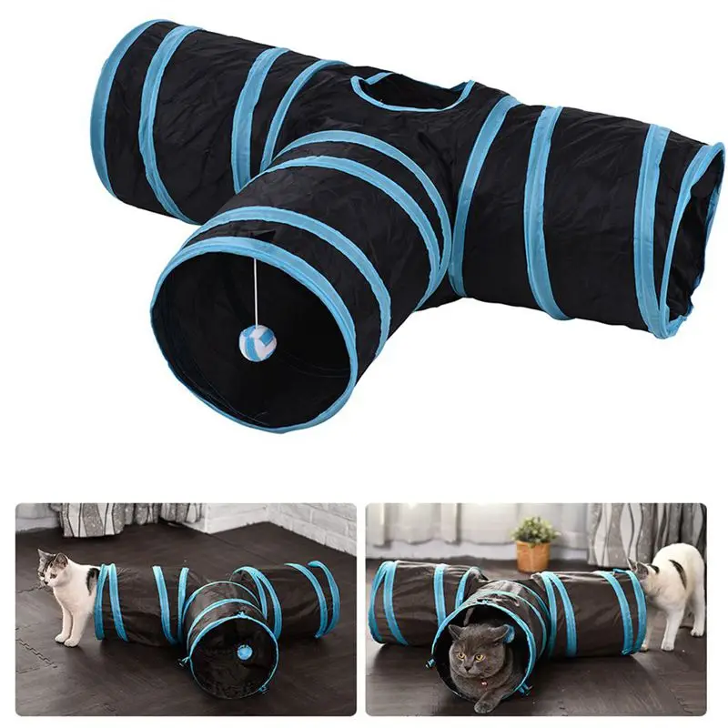 New Cat Tunnel 3 Way Collapsible Pet Play with Ringing Ball Spacious Tube Fun for Puppy Kitten Blue + black | Дом и сад