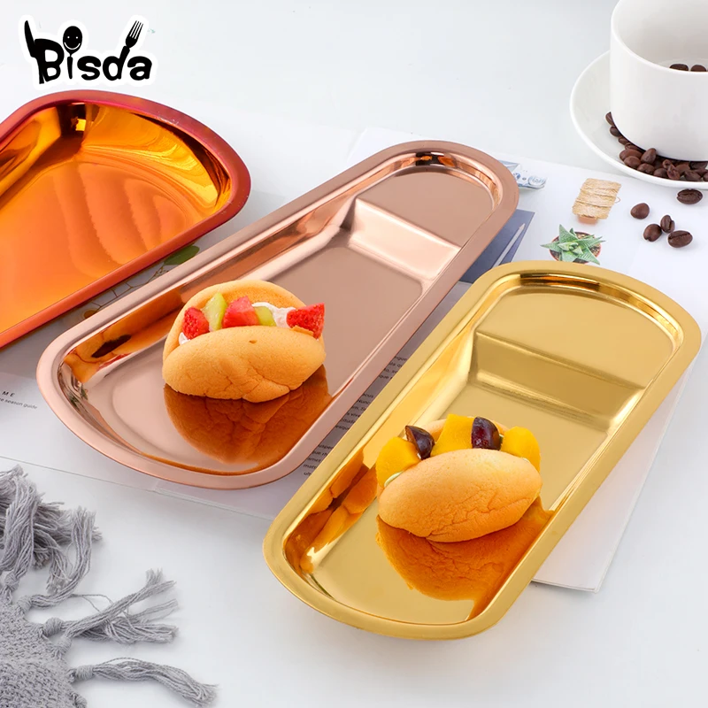 

1pc Snack Plate Metal Rectangle Plates Gold Bread Nut Dinnerware Mixing Fruit Candy Dessert Dish Rainbow Towel Napkin Tray Party