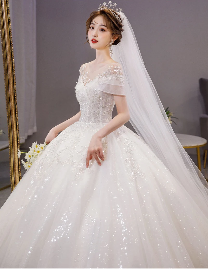 grace kelly wedding dress Glitter Boat Neck Wedding Dress Sexy Bridal Gown Sweep Train Beads Vestido De Novia Puffy Skirt Wedding Dresses 2022 long sleeve bridal gowns