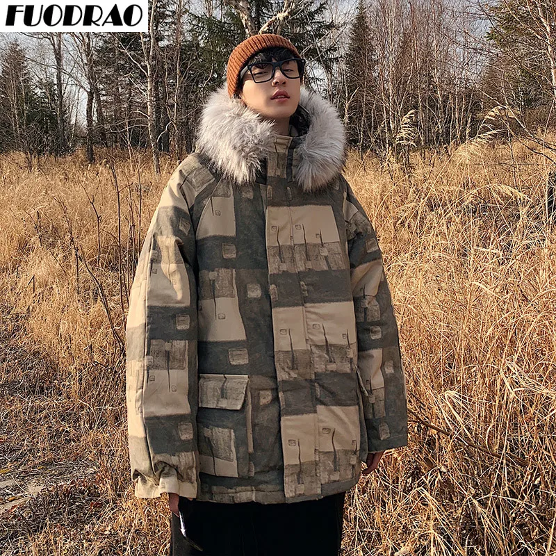FUODRAO Dikke Winterjas Mannen Streetwear Bontkraag Capuchon Parka Man Harajuku Japanse Plaid Jacket Jassen Plus Size 5XL J203 FUODRAO Dikke Winterjas Mannen Streetwear Bontkraag Capuchon Parka Man Harajuku Japanse Plaid Jacket Jassen Plus Size 5XL J203