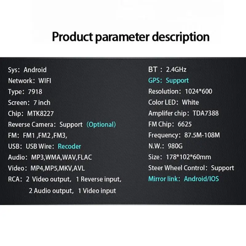 7918 7 дюймов Android 8,1 автомобильный стерео gps Навигация BT WiFi USB радио приемник сенсорный экран поддержка емкостного экрана