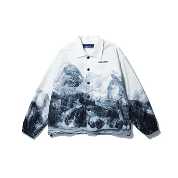 

Harajuku Gradient Snow Mountain Ink Painted Jacket Men and Women Lapel Oversize Streetwear Bomber Jacket Loose Windbreaker Coat