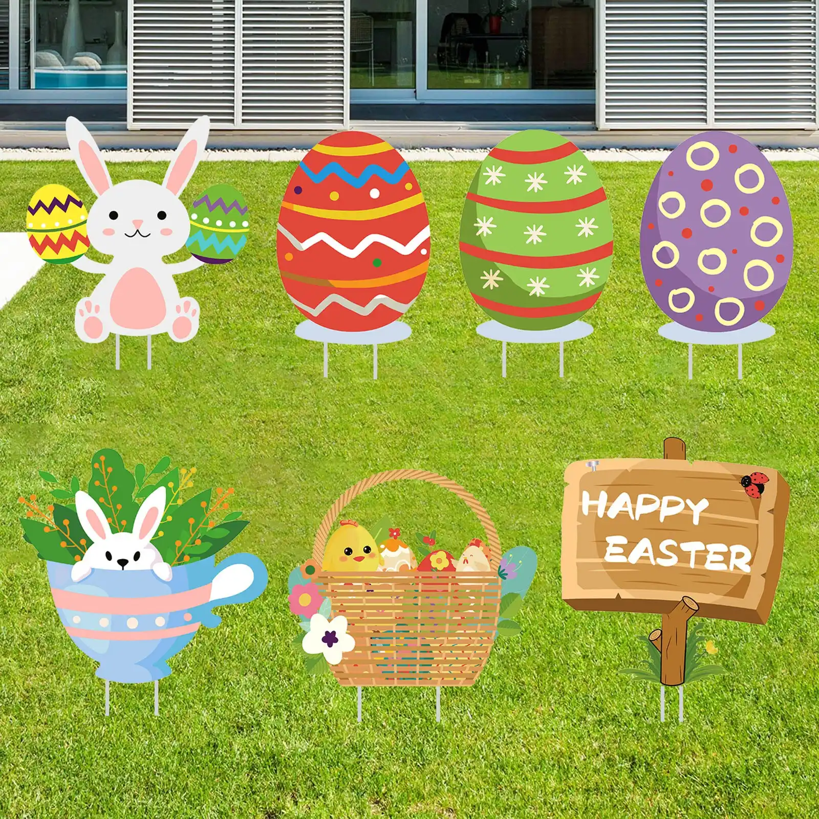7 Pcs Wooden Stakes Easter Day Decorations Outdoor Garden Lawn Yard Sign Cartoon Rabbit Board Backyard Decorations Address Signs Aliexpress