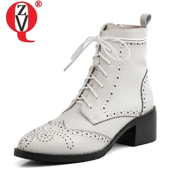 

ZVQ leather women's shoes winter autumn openwork leather brogue style 5cm mid heels ankle boots woman lace-up zipper booties