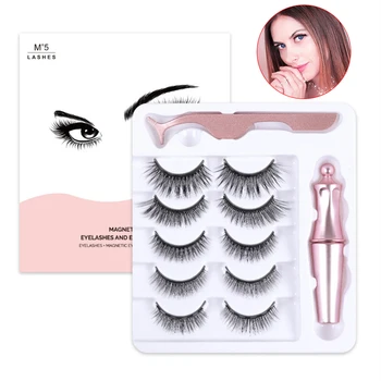 

5 Pairs Magnetic Eyelashes with Liquid Magnetic Eyeliner natural tabs magneticas cils magnetique Waterproof long lasting