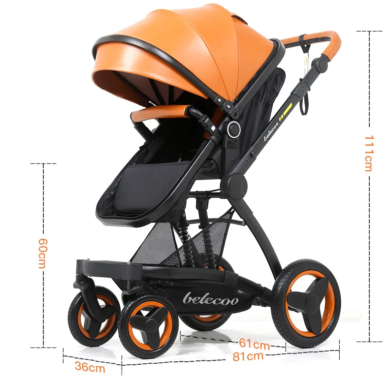 Belecoo high-grade luxury baby stroller with basket PU leather 3 in 1 folding infant pram