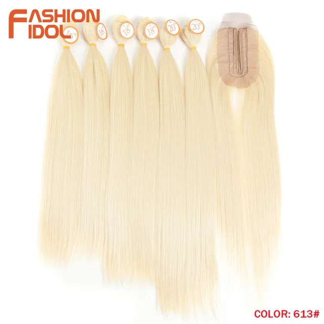 FASHION IDOL Yaki Straight Hair Bundles 7Pcs/Pack 16-20inch Ombre 613# Synthetic Hair Bundles With Closure Weave Hair Extension 613