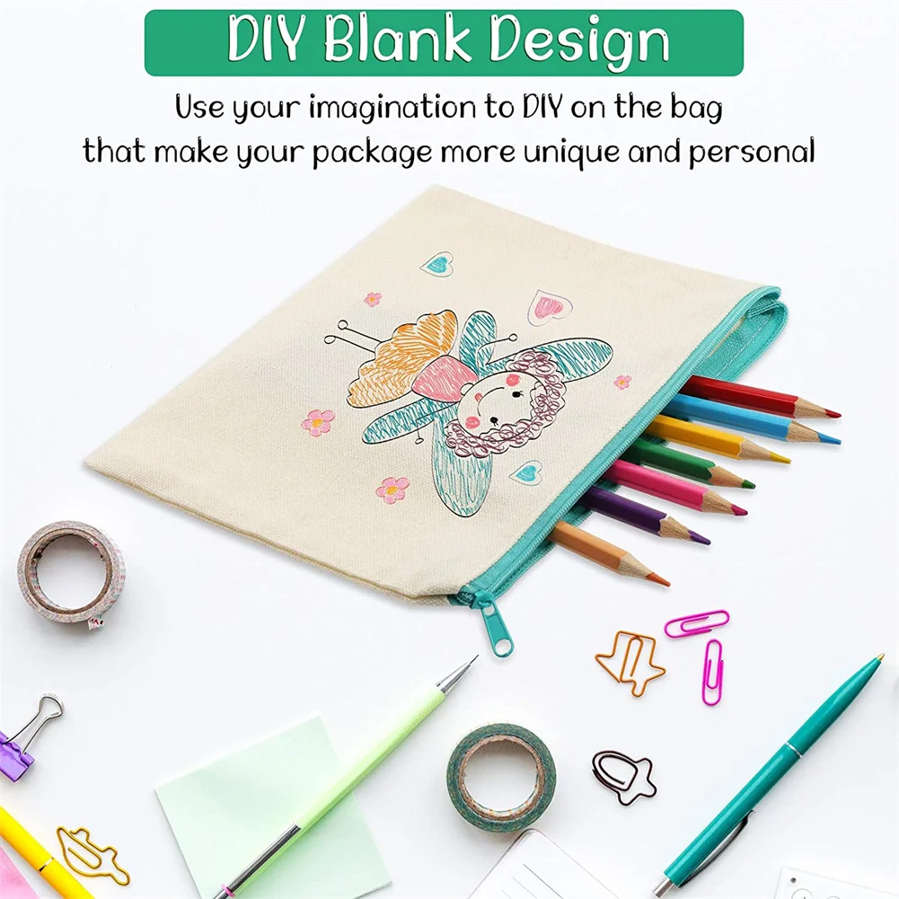 DIY Blank Canvas Cosmetic Makeup Zipper Bag (11 x 9 in, 6 Pack)