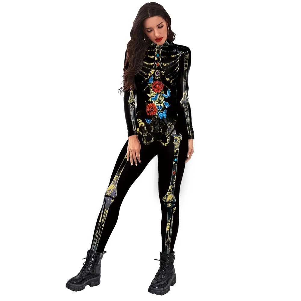 FCCEXIO Adult Halloween Cosplay Costumes Skeleton 3D Printing Bodysuits Women Sexy Slim Elastic Jumpsuit Long Sleeve Catsuit