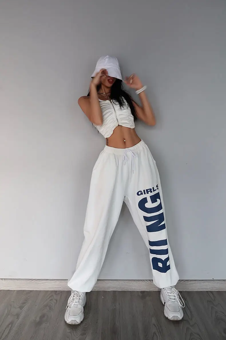 American retro letter print trousers women's 2021 new sports hip-hop trend casual pants dance jazz performance loose pants fashion clothing