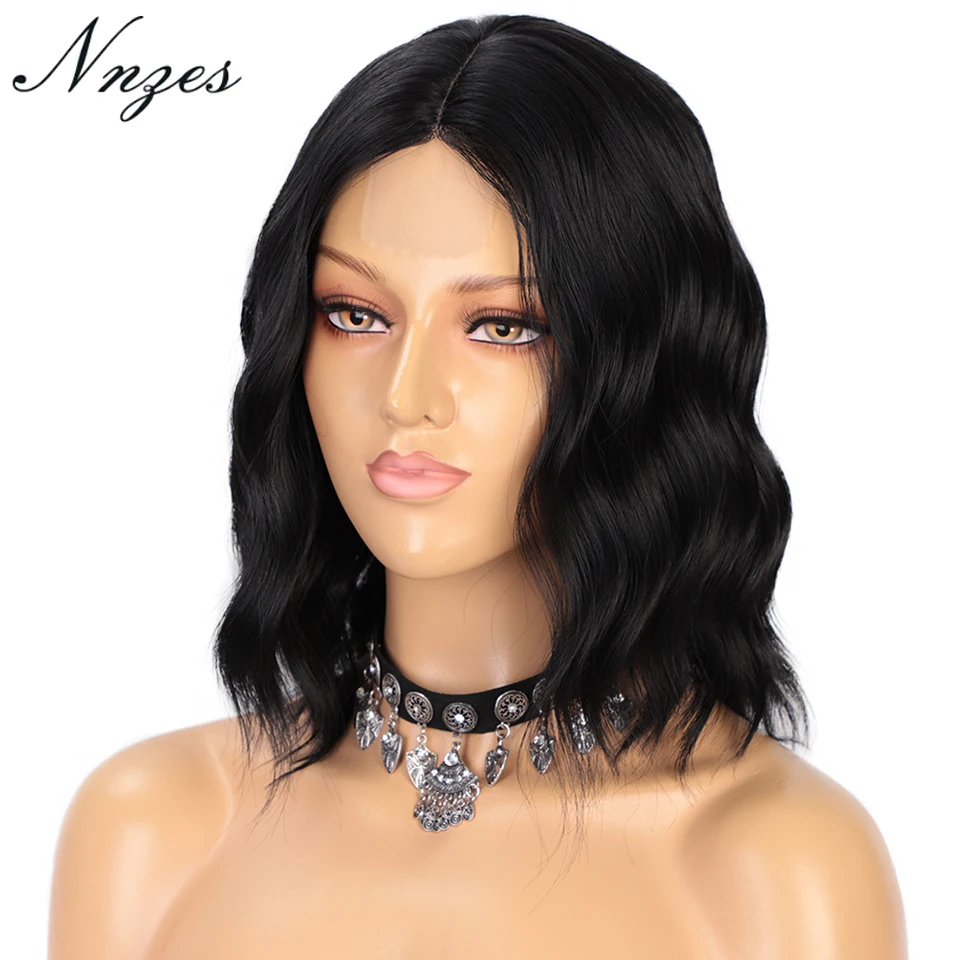 NNZES 14 pulgadas parte media peluca corta de la onda Natural del pelo negro peluca Bob sintético pelucas para mujeres negras cabellos de Cosplay