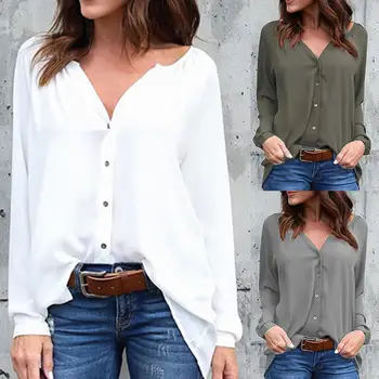 

Women Casual All-Match Solid Color Button Loose Long Sleeve V-Neck Blouse Shirt