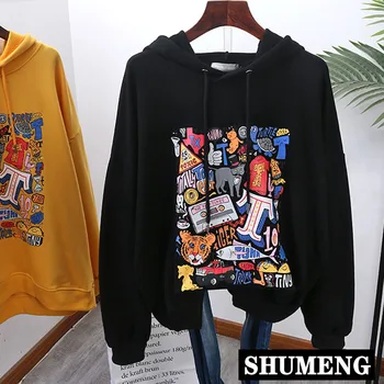

Hip Hop Hooded Hoodie Sweatshirt Women Cool Graffiti Cartoon Hoodies Pullovers Female BF Style Spring Loose Cotton Coat Oversize