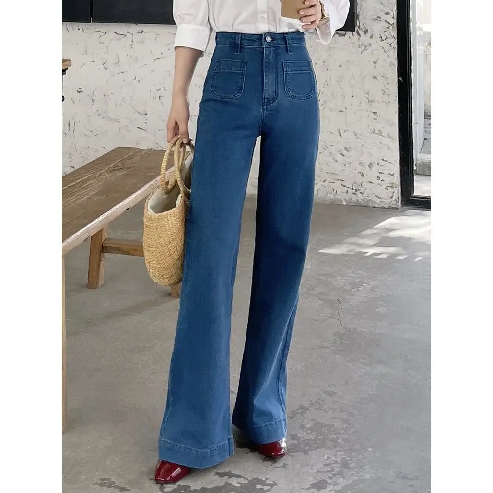 Plus Size 4XL Vintage High Waist Wide Leg Jeans For Women Streetwear Loose Micro Flare Jeans Ladies Deep Blue Long Denim Pants women s denim pants new dark blue high waist micro flare pants fashion casual denim pants