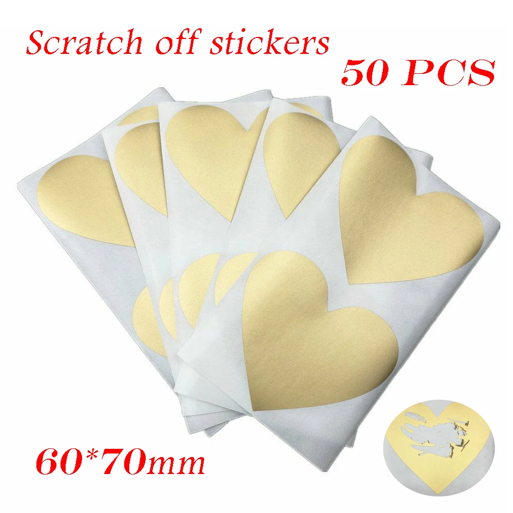 50Pcs Sticker Scratch Off Love Heart Shape Gold Color For Secret Message Cover Home Game Wedding Decor 70x80mm | Дом и сад