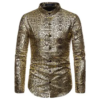 

High collar Luxury Men's Shirt Slim fit Long Sleeve Blouse Men Snake Design Social Shirt for Man White Black