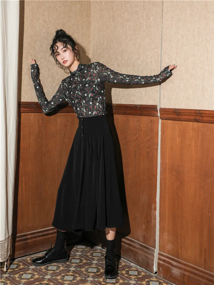 LANMREM Midlength Skirt Autumn New Solid Color Button Temperament High Waist A-line Spring Long Skirt 19B-a224