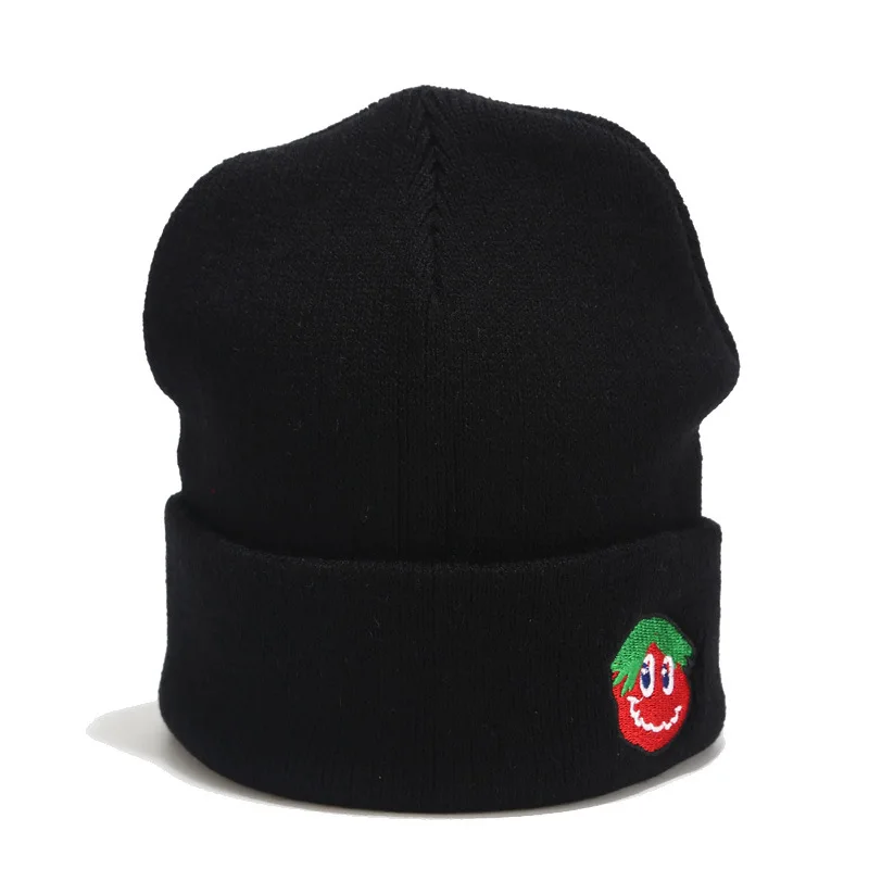 Женская шапка, новая вязаная шапка с вышивкой томатов, женская осенняя и зимняя уличная теплая шерстяная шапка, Студенческая Кепка Skullies& Beanies - Цвет: Черный