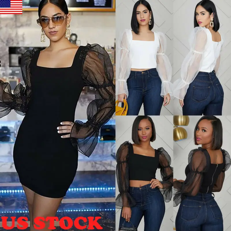 2020 Spring Womens Sexy Mesh Sheer Puff Long Sleeve Bodycon Ladies Evening Party Mini Dress Femma Vestito