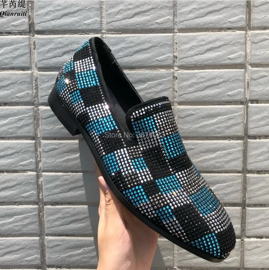 Qianruiti chaussure homme; стразы разных цветов; мужская обувь на плоской подошве; лоферы в клетку с бриллиантами; Праздничная обувь; Мужские модельные туфли