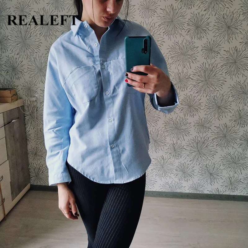 Женская блузка с длинным рукавом REALEFT однотонная винтажная Свободная в Корейском