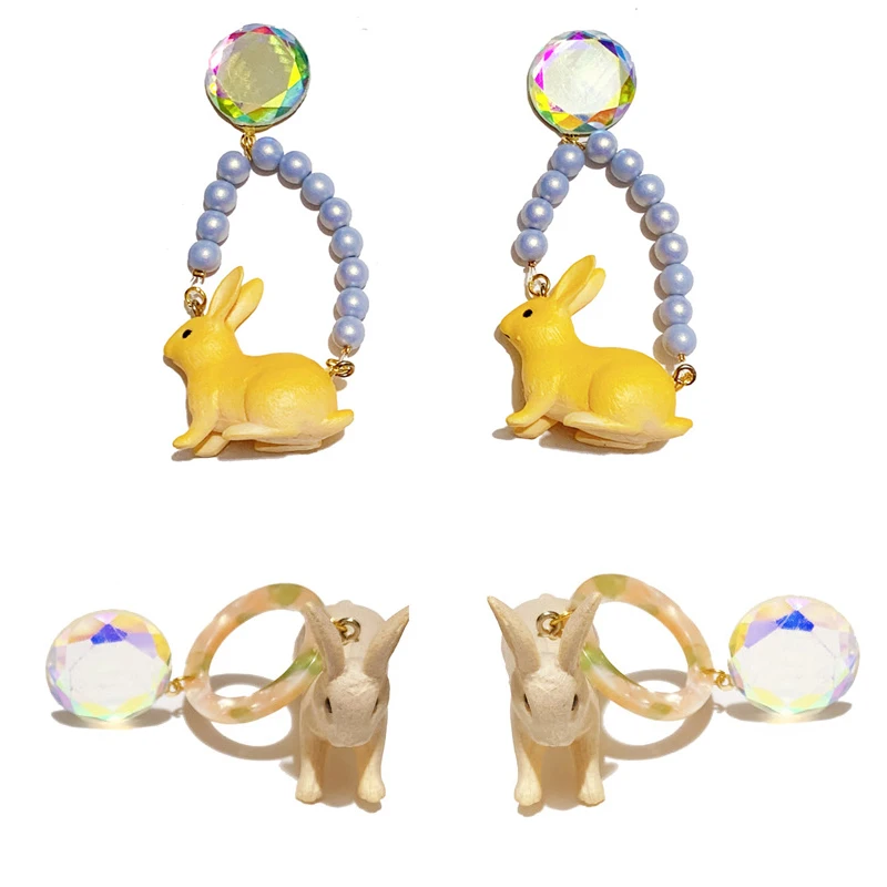 

Cute Rabbit Doll Resin Drop Earrings Women Punk Yellow Beige Bunny Big Crystal Dangle Earrings DIY Acetate Circle Personality