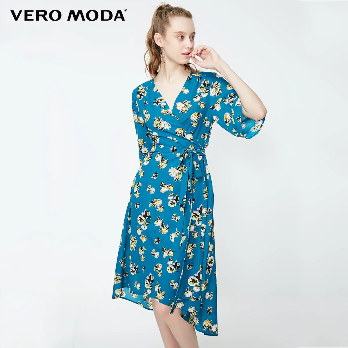 E47 Retro blue Vero Moda женское платье с цветочным принтом и кружевными рукавами | 31916Z510 - Цвет: E47 Retro blue