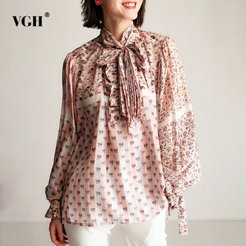 

VGH Chiffon Bowknot Print Shirt For Women Lantern Long Sleeve Hit Color Shirts Blouses Female 2020 Autumn Fashion New Clothing