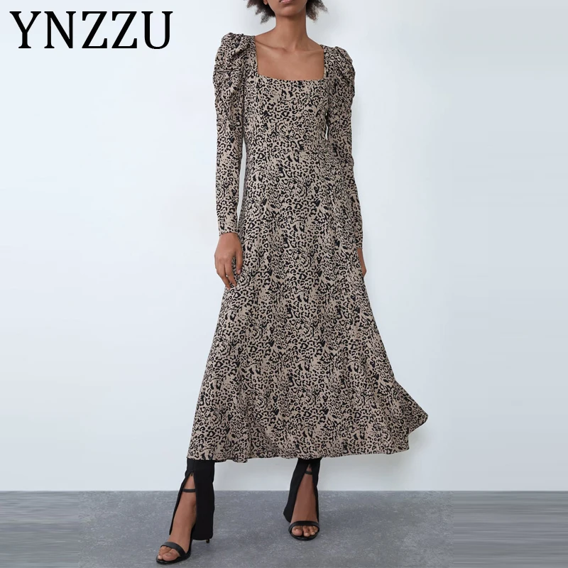 

YNZZU 2020 Spring Women Retro Leopard Print Maxi Dress Slash Neck Puff Sleeve Female Elegant Dresses Vestidos Clothes AD317