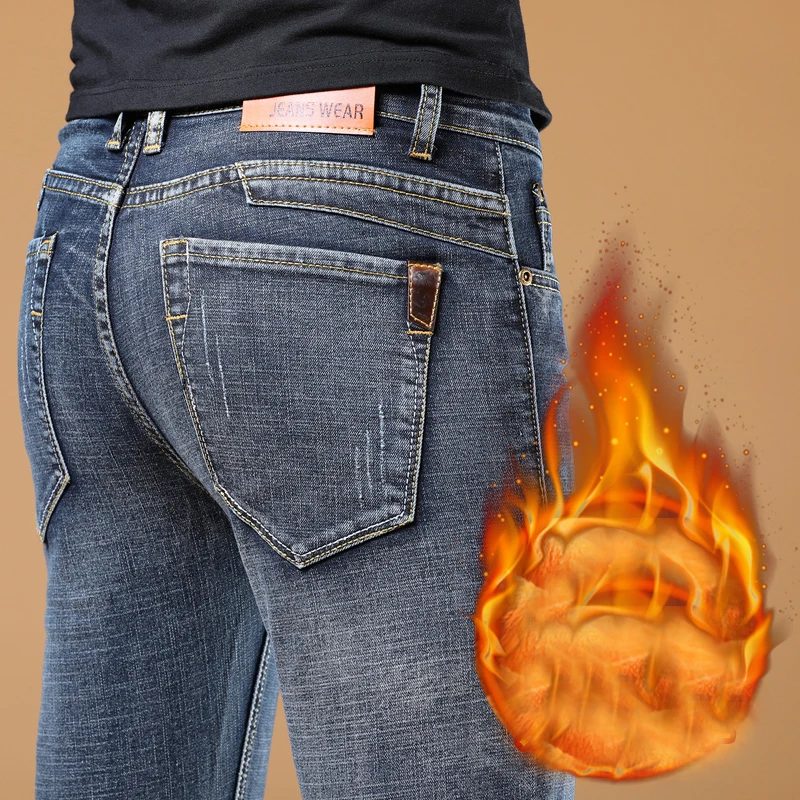 Winter Thermal Warm Flannel Stretch Jeans Mens Winter Quality Famous Brand Fleece Pants Straight Flocking Trousers Denim Jean Winter Thermal Warm Flannel Stretch Jeans Mens Winter Quality Famous Brand Fleece Pants Straight Flocking Trousers Denim Jean