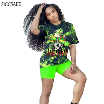 

Fluorescent Green Tie Dye Printed Two Piece Set Graffiti Cartoon Streetwear Gothic Plus Size Clothing Tee And Shorts Sets Loose