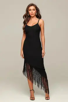

2020 Elegant Female Designer Party Dresses Top Quality Summer Women Sexy V Neck Spaghettli Strap Tassel Black Long Dress Vestido